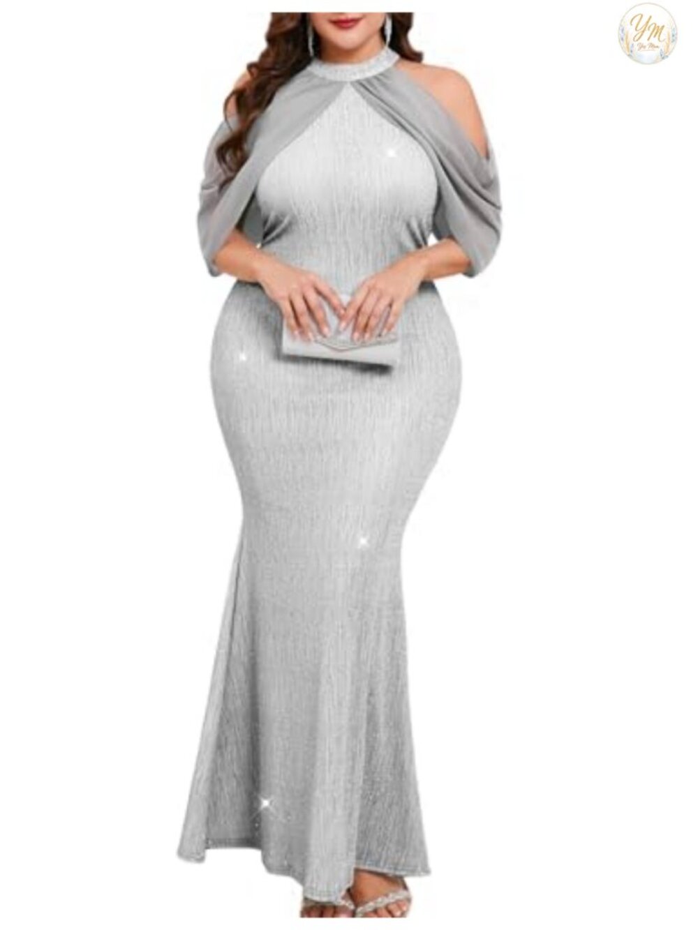 Plus Size Sparkly Halter Mermaid Maxi Formal Evening Dress with Chiffon Cape